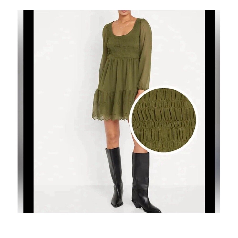 Old Navy Dress Women Small Green Long Sleeve Smocked Boho Eyelet Mini Polyester